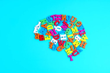 Açık mavi arka planda düzenlenmiş renkli ahşap harflerden yapılmış insan beyni şekli. Canlı öğrenim ve eğitimle ilgili konsept.