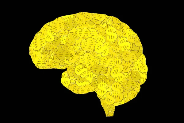 Flat human brain shape made from piled golden dollar signs isolated on black.
