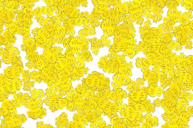 Beyaz zemin üzerine dağılmış altın dolarlık işaretlerin soyut mozaiği. Mali temalarla ilgili arka plan.