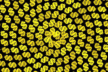 Siyah üzerine altın dolar işaretlerinden oluşan sarmal bir bobinden yapılmış soyut bir arkaplan. Finansal bolluk ve refahın sürekli gelişen doğası..