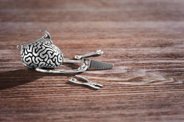 Minyatür el aletlerini ustalıkla kullanan insan beyni modeli: testere, çekiç, pense ve İngiliz anahtarı. Fikirleri şekillendirme, problem çözme ve yeni kavramlar oluşturmada ustalık.