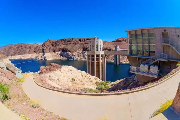 stock image Spherical Panorama of the Hoover Dam, Capturing the Back Side of the Spillway House and Some of the Water Intake Towers.