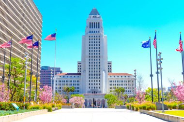 Los Angeles, Kaliforniya - 12 Nisan 2024: Los Angeles Belediye Binası Sakura ağaçları ve sallanan bayraklarla Grand Park 'tan görüldüğü gibi