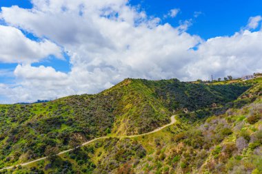 Runyon Kanyon Parkı 'nın tepesi, bir yürüyüş yolu tarafından ikiye bölünmüş, mavi gökyüzünde beyaz bulutlara karşı kurulmuş..