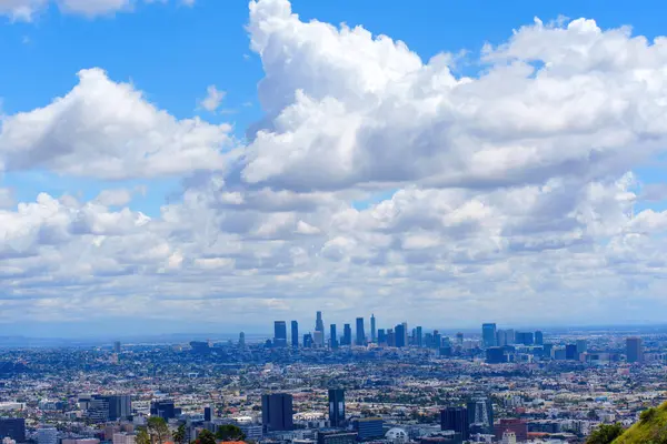 Los Angeles 'ın büyüleyici manzarası bir tepeden alındı. Mavi gökyüzü altında beyaz bulutlarla benekli evler ve gökdelenler vardı..