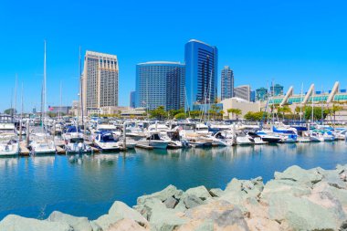 San Diego, California - 16 Nisan 2024: San Diego Marina ile Skyline şehir merkezi