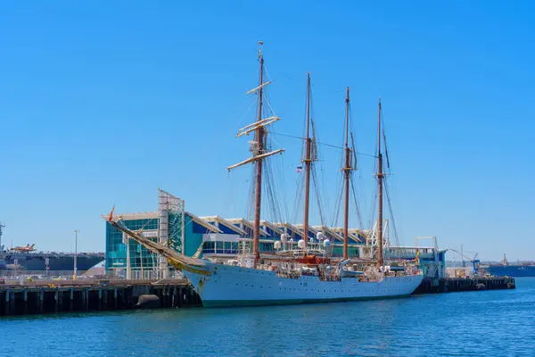 stock image San Diego, California, April 16, 2024: Historical Ship Juan Sebastin Elcano Moored at San Diego Maritime Museum Pier against Blue Sky