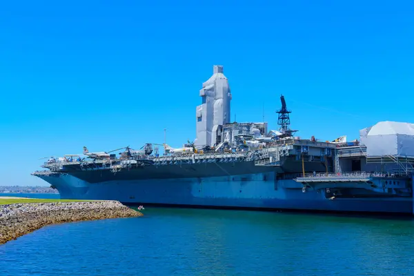 stock image San Diego, California - April 16, 2024: Docked USS Midway Aircraft Carrier in San Diego Harbor