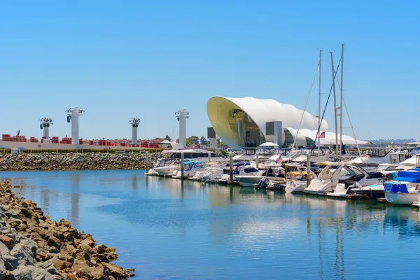stock image San Diego, California - April 16, 2024: San Diego Waterfront with Rad Shell Structure and Boats