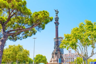 Barselona, İspanya - 16 Temmuz 2024: Yeşil Ağaçlar Tarafından Çerçevelenen Kolomb Anıtı