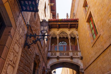 Barcelona 'daki gotik mimarinin muhteşem manzarası, karmaşık detaylar ve sanatsal özellikler sergiliyor, parlak mavi gökyüzüne karşı çarpıcı bir zemin oluşturuyor..