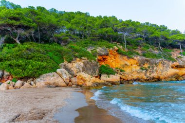 İspanya, Tarragona 'da alacakaranlıkta kayaların, denizin ve yemyeşil çimlerin güzel bir karışımı..