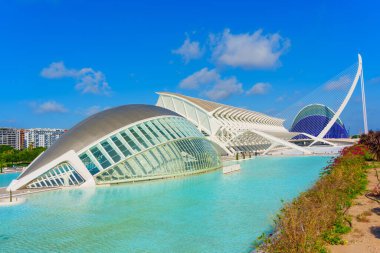 Geniş panorama, Valencia 'nın masmavi gökyüzü ve dingin sularına karşı kurulmuş Sanat ve Bilim Şehri' nin çarpıcı mimari özelliklerini yakalıyor..