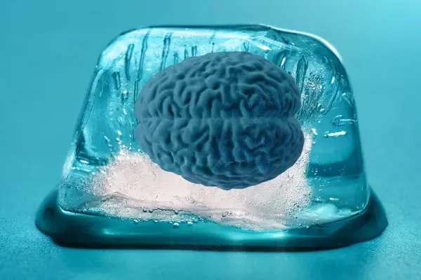 stock image Human brain frozen inside an ice cube on blue background, symbolizing futuristic concepts of brain preservation for eternal life exploration.