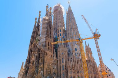 Barselona, İspanya - 11 Temmuz 2024: Sagrada Familia Kuleleri İnşaat Turnaları Arkaplanda