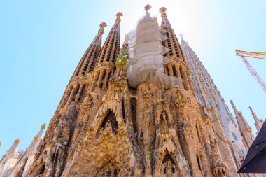Barselona, İspanya - 11 Temmuz 2024: İnşaat İskeleli Sagrada Aile Kulelerinin Kapanışı