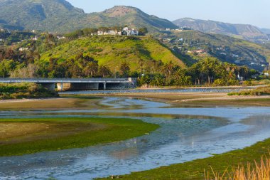 Malibu 'nun çevresindeki yemyeşil tepeler. Açık mavi su canlı doğayı yansıtır. Köprü, gölden geçiyor. Resimli kıyı manzarasını güzelleştiriyor..