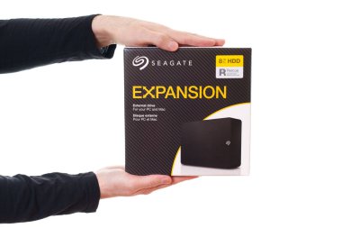 Kyiv, Ukraine - October 23, 2024: Displaying Seagate Expansion External Hard Drive Package clipart