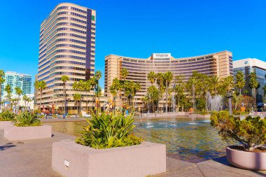 Long Beach, California - 15 Ocak 2025 Long Beach 'teki Westin Hotel Fountain ve Yeşillik
