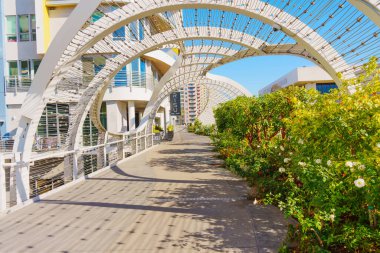 Long Beach, California - 15 Ocak 2025 Long Beach Kongre Merkezi 'nde yeşillikle kaplı mimari kemerli şık bir yürüyüş yolu.