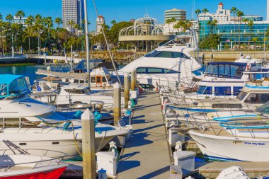 Long Beach, California - 15 Ocak 2025 Long Beach, Kaliforniya 'da teknelerle dolu bir liman