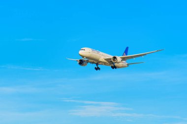 Los Angeles, California - 6 Ocak 2025: United Airlines Jet Açık Mavi Gökyüzü Altında İniş Yapıyor