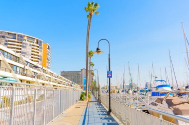 Los Angeles, Kaliforniya - 17 Aralık 2024 Palm Trees ve Waterfront Views ile Marina del Rey boyunca tahta yol