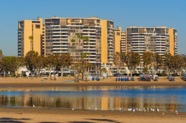 Los Angeles, Kaliforniya - 18 Aralık 2024: Marina City Kulüp Kuleleri Marina Del Rey 'in Sakin Sularına Yansıdı