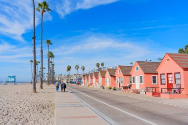 Okyanus Kenarı, Kaliforniya - 27 Aralık 2024: Okyanus kıyısında Palmiye ağaçlarıyla dolu renkli sahil evleri