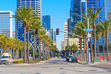 San Diego, California - 14 Ocak 2025 San Diego 'da Palm Trees ve Modern Gökdelenler ile Canlı Şehir Sahnesi