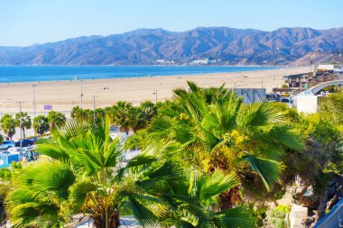 Santa Monica, California - 16 Ocak 2025: Arka planda Palmiye Ağaçları ve Dağları olan Santa Monica Sahili