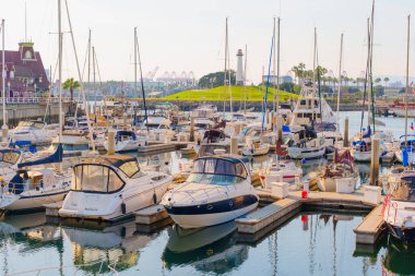 Long Beach, California - 11 Ocak 2025: Long Beach, Kaliforniya 'da çok sayıda demirlemiş yat ve teknenin bulunduğu yoğun marina, arka planda yumuşak öğleden sonra ışığı altında Lions Lighthouse (Deniz Feneri) bulunuyor..