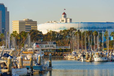 Long Beach, California - 11 Ocak 2025: Marina, Long Beach, Kaliforniya 'da Yelkenli ve Urban Skyline ile