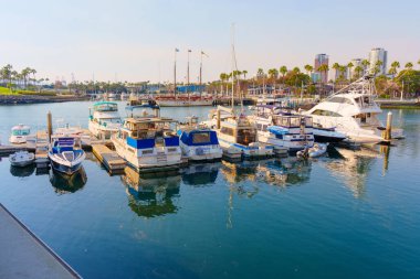 Long Beach, California - 11 Ocak 2025: Long Beach 'teki Gökkuşağı Limanı' na yanaşmış canlı tekne koleksiyonu güneşli gökyüzünün altında çeşitli boyutlarda ve stillerde, Güney Kaliforniya 'nın kıyı cazibesini gözler önüne seriyor..