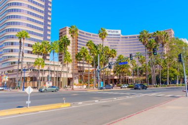 Long Beach, California - 10 Ocak 2025: Westin Hotel, Long Beach, Kaliforniya, Palmiye ağaçları, güneşli mimari ve hareketli bir sokak manzarası yer alıyor..