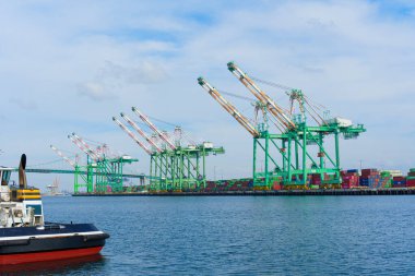 Los Angeles, Kaliforniya - 25 Aralık 2024: Los Angeles Limanı 'nın canlı görüntüsü açık bir gökyüzünün altında sıralanmış büyük gantry vinçleri ve renkli nakliye konteynerleri yer alıyor..