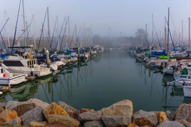 Oceanside, California - 3 Ocak 2025: Oceanside, Kaliforniya 'da sakin bir marina, sabahın erken saatlerinde sisde dizilmiş tekneler, durgun suya yansıyor..