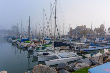 Oceanside, California - 3 Ocak 2025: Oceanside, Kaliforniya 'da sakin bir liman, sabah sisi sırasında çok sayıda yelkenlinin bulunduğu sakin bir atmosfer yaratarak,.