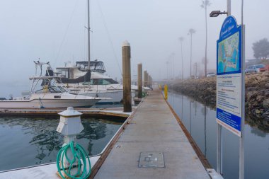 Oceanside, California - 3 Ocak 2025 Oceanside Limanı 'nda sisli bir sabah manzarası, iskeleye yanaşmış tekneler, palmiye ağaçları ve sakin bir su yansıması..