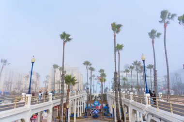 Oceanside, California - 3 Ocak 2025: Okyanus Kenarı Belediye İskelesi 'nin sisli sabah manzarası, Palmiye ağaçlarıyla kaplı, sakin bir sahil atmosferi yakalayan Tin Fish restoranı.