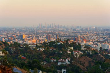 Geniş açılı çekim, Runyon Canyon Parkı 'ndan Los Angeles' ın geniş açılı görüntüsünü yakalıyor. Şehir manzarası, yeşil tepeler ve sakin bir günbatımı..