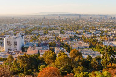 Los Angeles, Kaliforniya - 6 Ocak 2025: Los Angeles 'ın altın saat boyunca genişleyen şehir manzarasını gösteren hava manzarası, kentsel mimari, yeşillik ve uzak tepeleri vurguluyor.