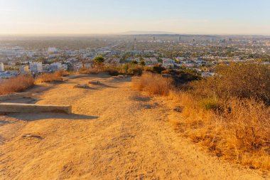 Los Angeles, Kaliforniya - 6 Ocak 2025: Runyon Canyon Park 'tan manzara manzarası, gün batımında manzarayı aydınlatan altın ışıkla Los Angeles şehrini gözler önüne seriyor.