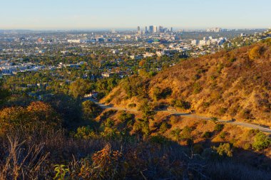 Los Angeles, Kaliforniya - 6 Ocak 2025: Los Angeles 'ın panoramik manzarası Runyon Canyon Parkı' ndan altın saat boyunca çekildi..