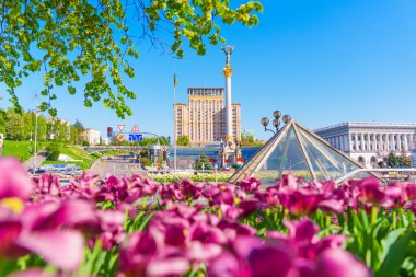 Kyiv, Ukrayna - 22 Nisan 2025: Bağımsızlık Meydanı ve Ukrayna 'nın ikonik mimarisi ile ön plandaki renkli lalelerin resimli görüntüsü, baharda güneşli bir günde Ukrayna' nın başkenti Kyiv 'de çekildi.