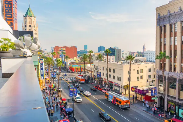 Los Angeles, Kaliforniya - 23 Aralık 2024: Canlı binalar, palmiye ağaçları ve ikonik trafiği gün içinde yüksek açıyla gösteren hareketli sokak manzarası.