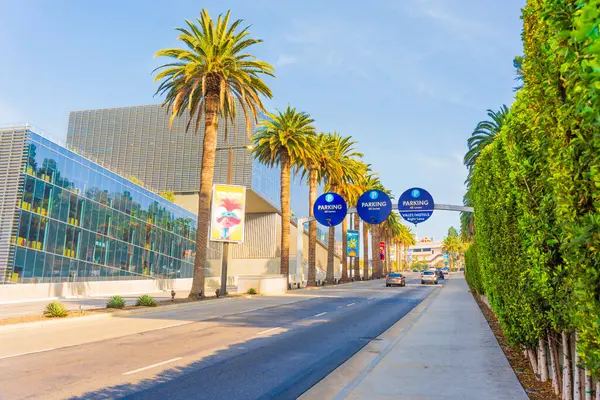 Los Angeles, Kaliforniya - 24 Aralık 2024: Açık gökyüzü altında palmiye ağaçları ve park işaretleri bulunan Los Angeles 'taki bir caddenin geniş açılı görüntüsü.