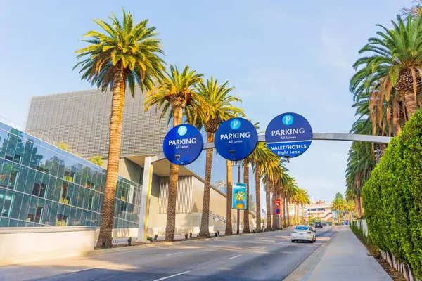 Los Angeles, Kaliforniya - 24 Aralık 2024: Los Angeles 'ta park işaretleri ve açık bir gökyüzü içeren palmiye kaplı bir cadde geniş görünüm.
