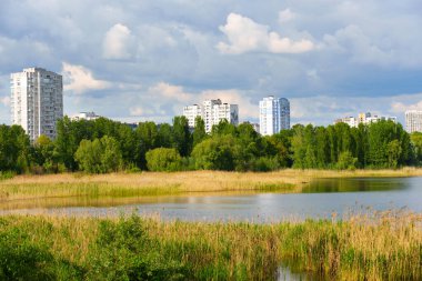 Ukrayna 'nın başkenti Kyiv' de bulutlu bir gökyüzünün altında gür ağaçların çerçevelediği sakin bir göl kenarındaki modern binaların panoramik manzarası.