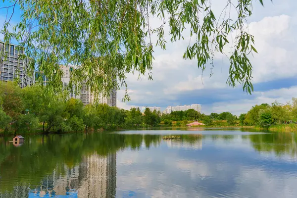 Huzurlu göl manzarası, canlı yeşillikler ve parçalı bulutlu gökyüzünün altındaki konut binaları..
